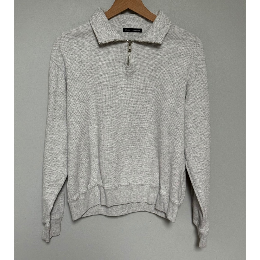 Brandy Melville Women's Waffle Knit Quarter Zip Gray Pullover Sweatshirt OS